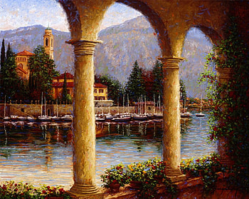 Bellagio, artwork, painting, italy, pillars, houses, lake como, mountains, lake HD wallpaper