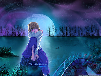 The Ghost Wharf, night, smile, cute, red eyes, beautiful, sit, lake, anime, moon, game, tsukihime, arcueid HD wallpaper