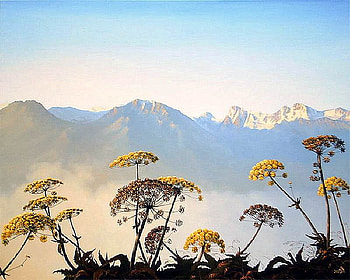 L. Chursina. shining world, l chursina, painting, art, flower, nature, mountain HD wallpaper