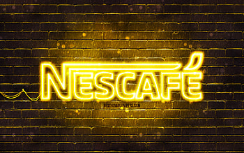 Nescafe yellow logo, , yellow brickwall, Nescafe logo, brands, Nescafe neon logo, Nescafe HD wallpaper