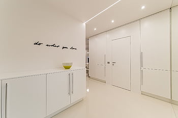Sleek and modern minimalistic white room with motivational text and stylish decor bowl. HD wallpaper