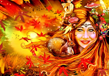 ELF PRINCESS with SQUIRREL, falls, colorful, birds, autum, digital art, elf, leaves, fantasy, fantasy art, princess HD wallpaper