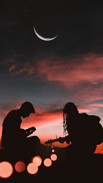 Romantic Couple Playing Guitar Sunset Half Moon. Romantic background, love, Love romantic, Love Couples Moon HD phone wallpaper