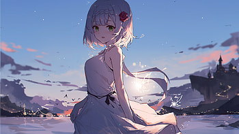 Short Hair Anime Girl With White Dress Standing In Blue Sky Background Anime Girl HD wallpaper