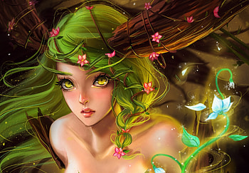 Fairy, art, girl, pink, fantasy, flower, green, face, jennyshiii, luminos HD wallpaper