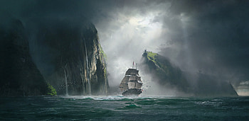 Ship, Art, Sea, Rocks, Fog HD wallpaper