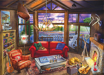 Evening at the cabin, dog, artwork, river, digital, room, furniture, windows, chimney HD wallpaper