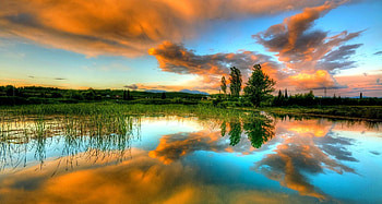 sunset lake, clouds, grass, lake, sunset HD wallpaper