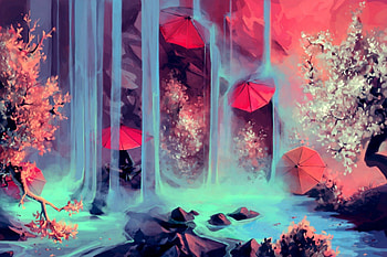 Waterfall and umbrellas, blue, umbrella, white, aqua, bloom, tree, pink, flower, red, waterfall, water HD wallpaper