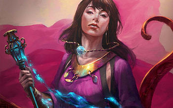 Sorceress, blue, art, necklace, girl, woman, pink, fantasy, yellow HD wallpaper