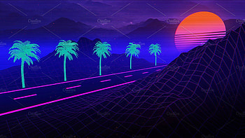 Palm Trees Mountain Road Sunset Moon Starry Sky Vaporwave HD wallpaper