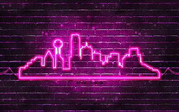 Dallas purple neon silhouette, , purple neon lights, Dallas skyline silhouette, purple brickwall, american cities, neon skyline silhouettes, USA, Dallas silhouette, Dallas HD wallpaper