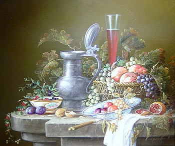 Full oF Life, pomagranite, tea towel, grapes, carafe, berries, nuts, plums, basket, leaves, peaches, coffee, glass, knife, bowls, wine HD wallpaper