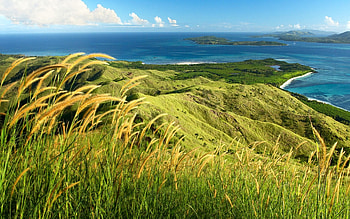 High Field by the Sea, sea, field, green, sky, nature, grass, high, mountain HD wallpaper