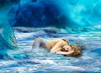 Mermaid's Dreams, blue, mermaid, dreams, beautiful, Fantasy, digital, moon, seas, magical, ocean HD wallpaper