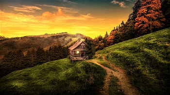 cottage, autumn, sky, hill HD wallpaper