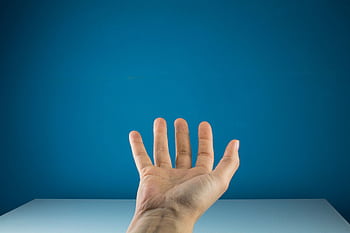 Open hand reaching against a solid blue background, suitable for conceptual themes or presentations. HD wallpaper
