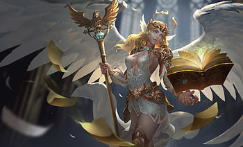 Angel, rution liao, wings, golden, fantasy, girl HD wallpaper
