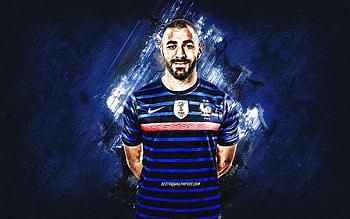 Karim Benzema, French footballer, France national football team, Benzema art, blue stone background, France, football HD wallpaper