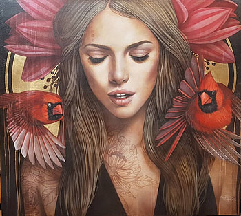 :), art, bird, sophie wilkins, fantady, girl, magnolia, pink, fantasy, flower, pictura, red, face, cardinal HD wallpaper