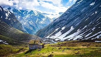 Glacier beauty, Norwegian plateau, Wooden house, Nature's wonder HD wallpaper