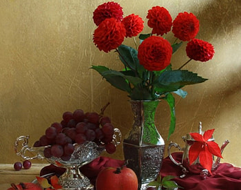 Autumn Still Life, grapes, vase, apple, leaf, flowers HD wallpaper