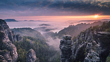 Morning Forest Mountains, morning, forest, mountains, nature HD wallpaper