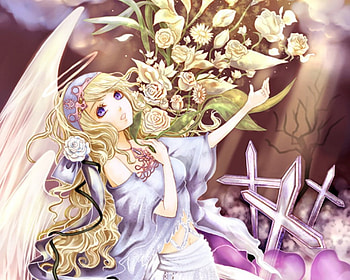 Angel, bouquet, blonde, cross, cute, floral, long hair, dress, purple eyes, beauty, feather, wing, petals, flower, halo, blonde hair, female, blossom, sexy, wings, ribbon, gorgeous, hot, girl, beautiful, anime girl, elegant, anime, fantasy, gown HD wallpaper