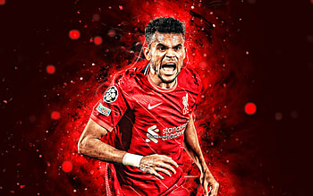 Luis Diaz, goal, Liverpool FC, colombian footballers, soccer, Premier League, red neon lights, football, Luis Diaz Liverpool, Luis Diaz HD wallpaper