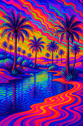 Vivid Oasis : A Psychedelic Tropical Escape, psychedelic, palm tree, river, colorful landscape HD phone wallpaper