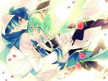 ~Miku & Kaito~, anime, hatsune miku, petals, love, flowers, romance, kaito, vocaloid HD wallpaper