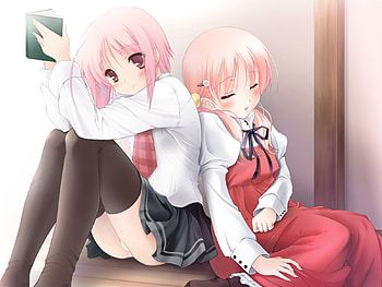 sisters, skirt, twins, school uniform, pink hair, long hair, sleeping, dress, book, blush HD wallpaper