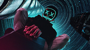 Neon Mask Boy Sitting On Top , neon, mask, artist, artwork, digital-art HD wallpaper