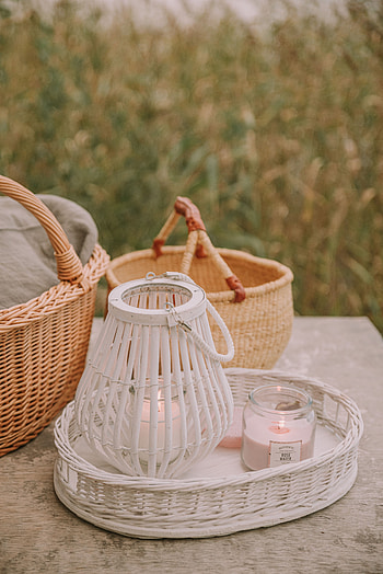 Food, Candles, Wood, Wooden, Basket, Wicker, Braided, Banks HD phone wallpaper