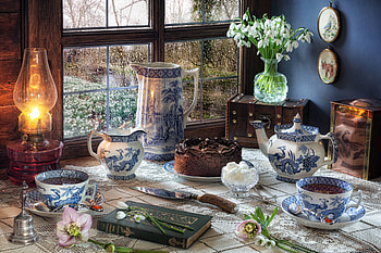 Still life, Snowdrops, Mugs, Window, Kettle, Lamp, Book HD wallpaper