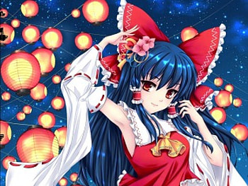 Lantern Festival, night, cute, long hair, kakurei reimu, female, brown eyes, sexy, ribbon, hot, blue hair, girl, star, anime girl, anime, light, touhou, sky, lantern, reimu HD wallpaper