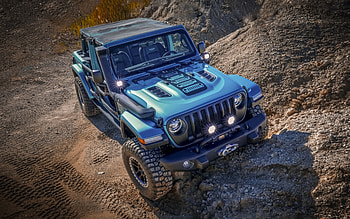 Jeep Wrangler Rubicon, Mopar, front view, exterior, blue Wrangler Rubicon, Wrangler Rubicon tuning, american cars, Jeep HD wallpaper