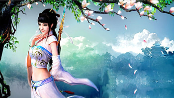 Fantasy girl, blue, girl, spring, beauty, woman, pink, green, game, jade dynasty, luminos, blossom HD wallpaper