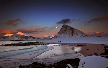 Nature, Stones, Mountains, Moon, Snow, Ocean, Evening HD wallpaper