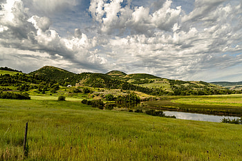 Nature, Rivers, Grass, Clouds, Field, Hills HD wallpaper