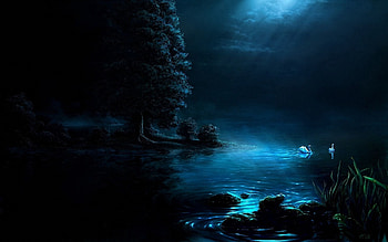 Trees, Art, Swans, Dark, Shine, Light, Park, Painting, Pond HD wallpaper