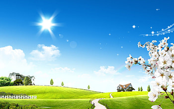 Springtime, blue, architecture, landscape, grass, houses, field, blossoms, green, clouds, trees, nature, sky, sun HD wallpaper