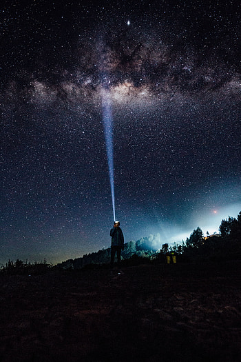Night, Dark, Shine, Light, Starry Sky, Human, Person, Ray, Flashlight HD phone wallpaper
