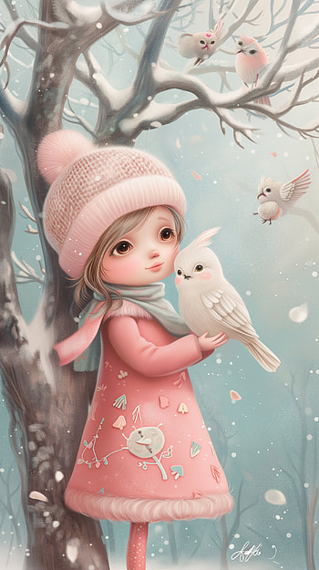 Cute Winter Girl and Bird, cute, girl, winter, snow, bird HD phone wallpaper