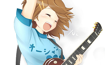 Hirasawa Yui, sexy, guitar, cute, girl, anime, short hair, brown hair, blush, k-on HD wallpaper