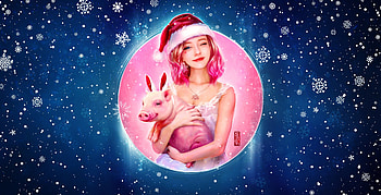 2019 ~ Year of the Pig, blue, winter, frumusete, lana palukhina, porc, craciun, girl, pig, pink, fantasy, christmas, chinese zodiac, luminos, santa, hat, new year HD wallpaper