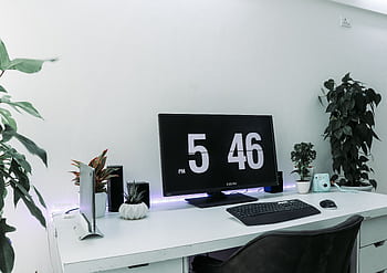 A sleek, contemporary desk setup featuring a monitor, plants, and minimalist decor for remote work. HD wallpaper