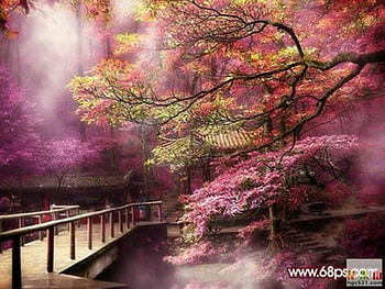 fantasy landscape, bridge, trees, purple, painting HD wallpaper