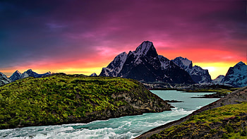 Sunset Mountains River, sunset, mountain, river, landscape HD wallpaper