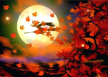 Halloween Witch Flight, attractions in dreams, colors, paintings, digital art, witch, love four seasons, halloween, leaves, fantasy, autumn, fall season, moons HD wallpaper